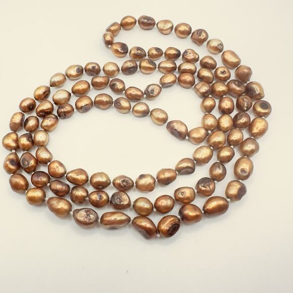 Natural 4mm Copper Genuine Baroque Pearl Necklace 46" Hand Knotted No Clasp QVC - Picture 3 of 10